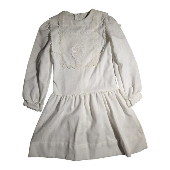 Vtg 1970s Polly Flinders White Drop Waist Embroidered First Communion Dress Sz 8 - Picture 1 of 6